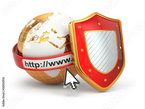 Illustration: Internet security. Earth, browser address line and shield. Internet security. Earth, browser address line and shield.