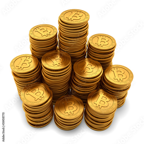 Illustration: Large group of paneled golden Bitcoins on white Large group of paneled golden Bitcoins on white