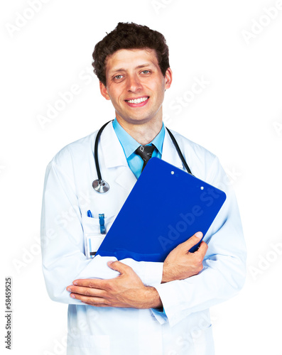 Photo: Portrait of a smiling male doctor holding a notepad on white Portrait of a smiling male doctor holding a notepad on white