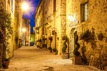 Ancient town of Pienza in Italy at night.