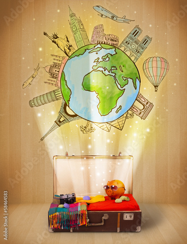Photo: Luggage with travel around the world illustration concept Luggage with travel around the world illustration concept