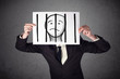 Businessman holding a paper with a prisoner behind the bars on i Businessman holding a paper with a prisoner behind the bars on i