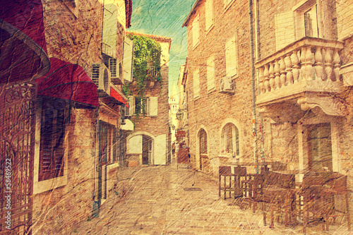Photo: Budva, Montenegro. Picture in artistic retro style. Budva, Montenegro. Picture in artistic retro style.