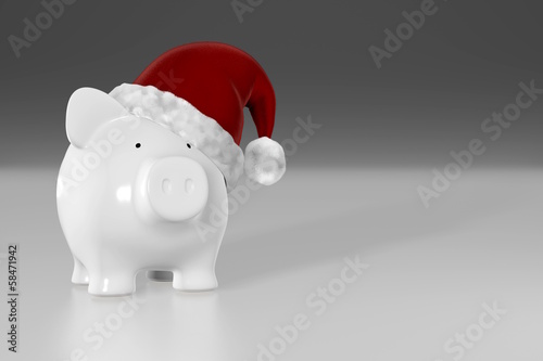 Illustration: Piggy bank - white pig with red santa hat Piggy bank - white pig with red santa hat