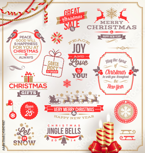 Vector: Set of Christmas signs emblems and Greetings Set of Christmas signs emblems and Greetings