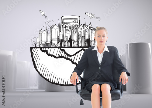 Photo: Composite image of businesswoman sitting on swivel chair in blac Composite image of businesswoman sitting on swivel chair in blac