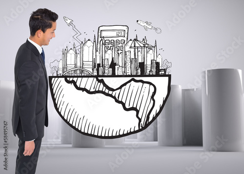 Photo: Composite image of smiling businessman looking down Composite image of smiling businessman looking down