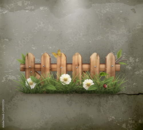 Vector: Spring grass and wooden fence old style Spring grass and wooden fence old style