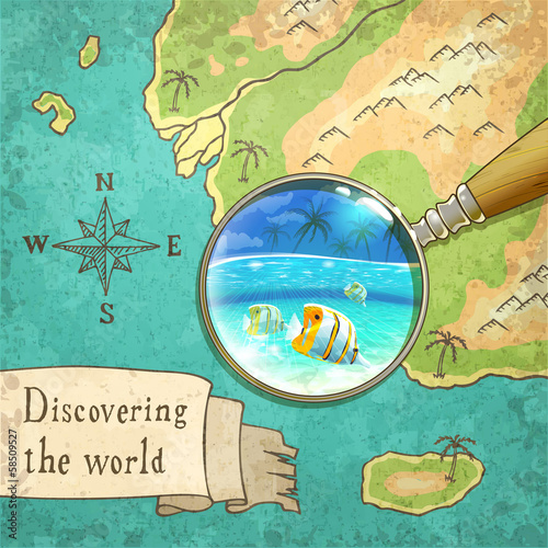 Vector: Magnifier Showing Beautiful Nature on the Old Map Magnifier Showing Beautiful Nature on the Old Map