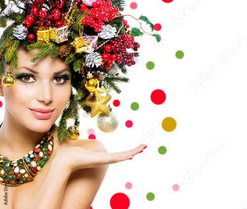 Photo: Christmas Woman. Christmas Holiday Hairstyle and Makeup Christmas Woman. Christmas Holiday Hairstyle and Makeup