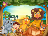 A group of animals relaxing under the tree