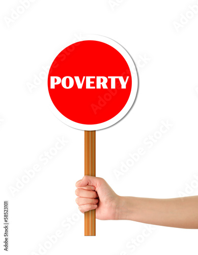 Illustration: Hand holding poverty red sign Hand holding poverty red sign