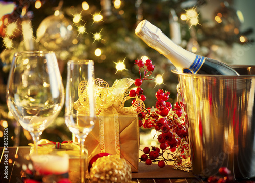 Photo: Christmas And New Year Holiday Table Setting. Celebration Christmas And New Year Holiday Table Setting. Celebration
