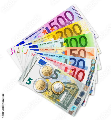 Illustration: Set of Euro banknotes and coins Set of Euro banknotes and coins