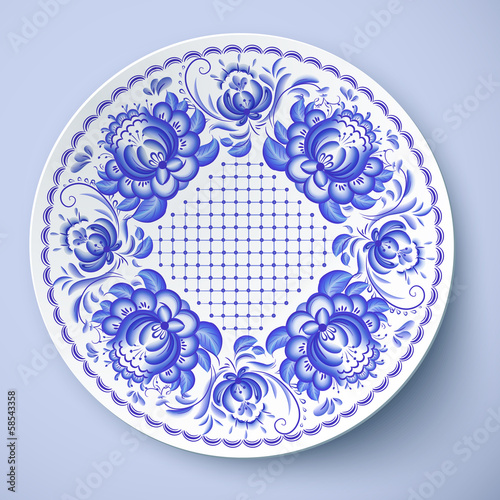 Vector: White vector plate with russian ornament White vector plate with russian ornament
