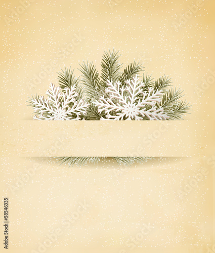 Vector: Christmas retro background with tree branches and snowflakeы. V Christmas retro background with tree branches and snowflakeы. V