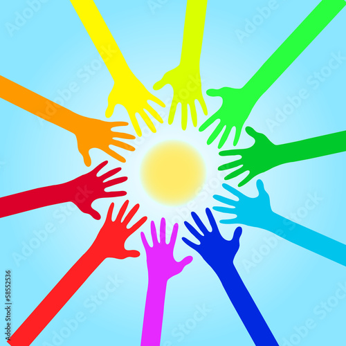 Vector: Colorful Hands Against Sun And Sky - Vector Illustration Colorful Hands Against Sun And Sky - Vector Illustration