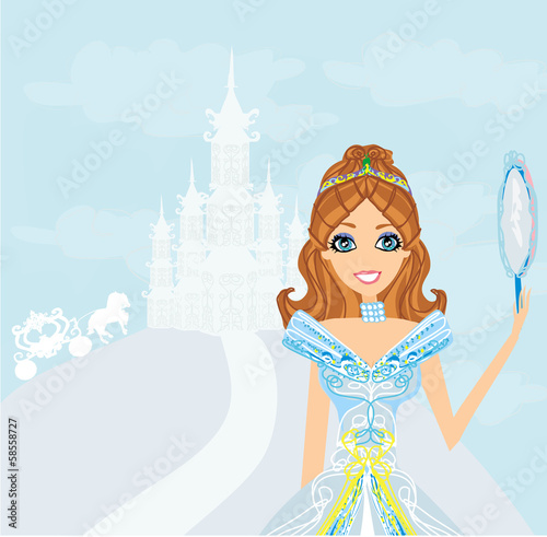 Illustration: beautiful princess with mirror in her hands beautiful princess with mirror in her hands