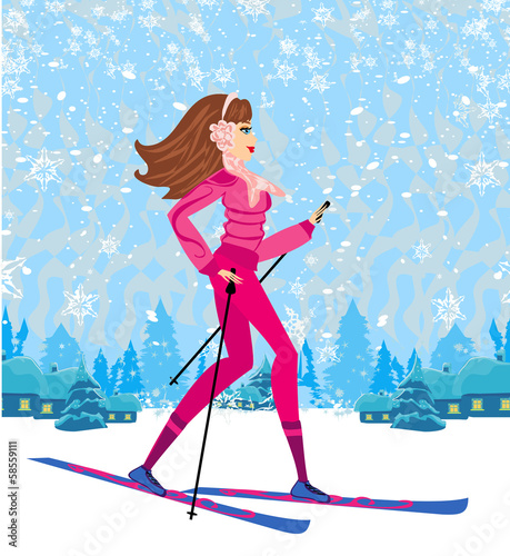 Illustration: girl skiing in winter day girl skiing in winter day