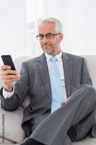 Photo: Elegant mature businessman text messaging at home Elegant mature businessman text messaging at home