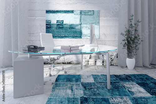 Illustration: Modern office interior with glass desk and concrete wall Modern office interior with glass desk and concrete wall