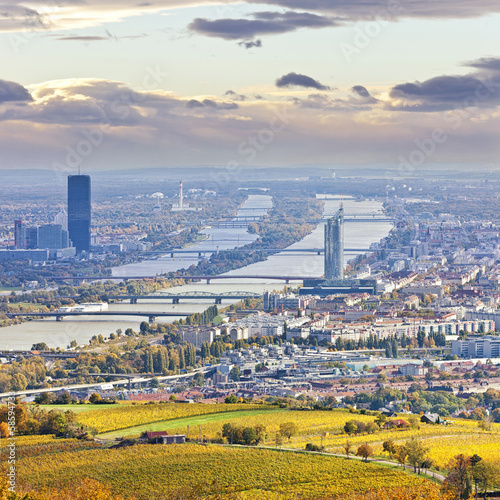 Photo: Cityscape of Vienna and Danube in the autumn at dusk Cityscape of Vienna and Danube in the autumn at dusk