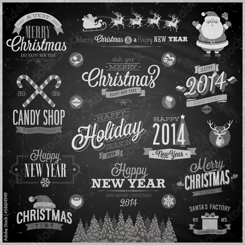 Vector: Christmas set - emblems, decorative elements - Chalkboard. Christmas set - emblems, decorative elements - Chalkboard.