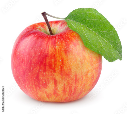 Photo: Red yellow apple with green leaf isolated on white background Red yellow apple with green leaf isolated on white background