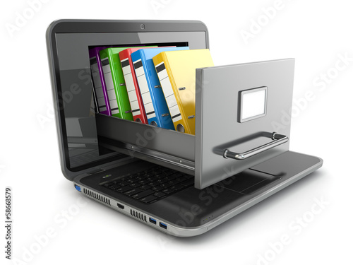 Illustration: Data storage. Laptop and file cabinet with ring binders. Data storage. Laptop and file cabinet with ring binders.