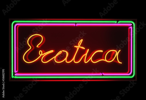 Illustration: Erotica neon sign illuminated over dark background Erotica neon sign illuminated over dark background