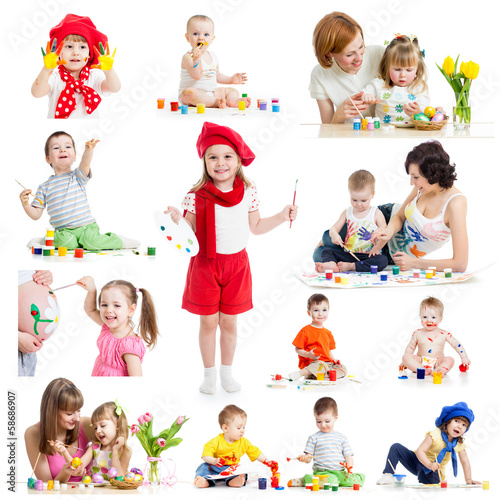 Photo: Group of kids or children paint with brush or fingers Group of kids or children paint with brush or fingers