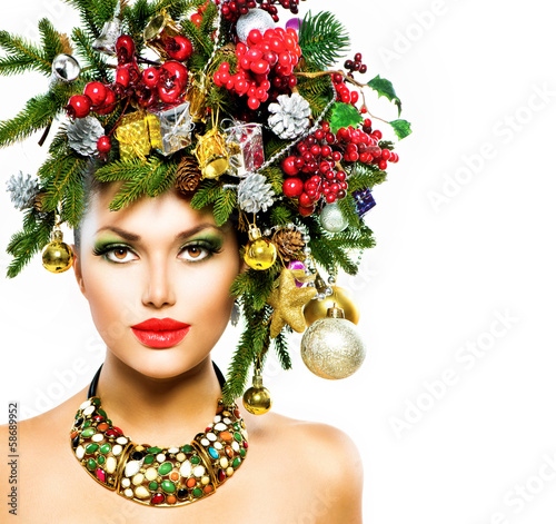 Photo: Christmas Woman. Christmas Holiday Hairstyle and Makeup Christmas Woman. Christmas Holiday Hairstyle and Makeup