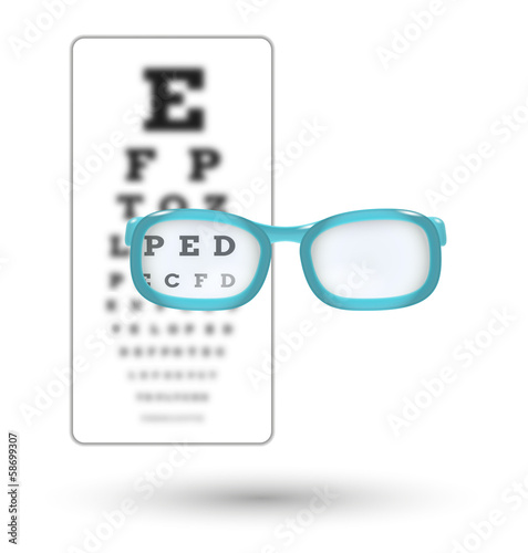 Vector: unsharp snellen chart and sharp letter with glasses on white bac unsharp snellen chart and sharp letter with glasses on white bac