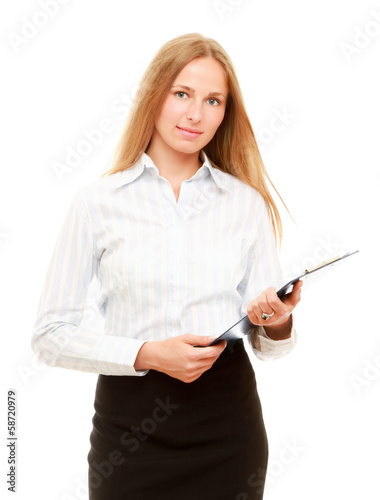 Photo: A business woman holding papers A business woman holding papers