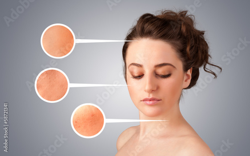 Photo: Beautiful young girl with facial care arrow signs of damaged ski Beautiful young girl with facial care arrow signs of damaged ski