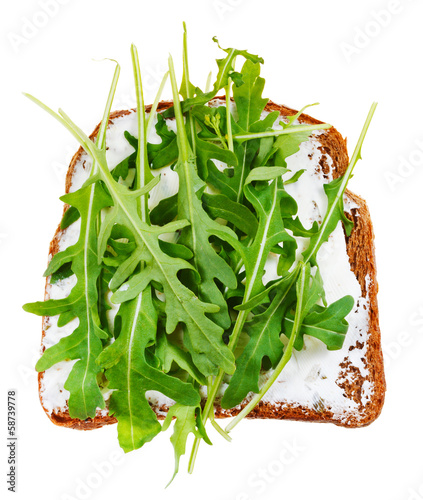 Photo: sandwich from bread, spread and fresh arugula sandwich from bread, spread and fresh arugula
