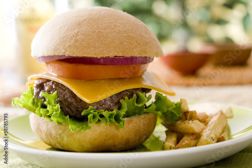 Photo: Closeup of a burger with fries. Closeup of a burger with fries.