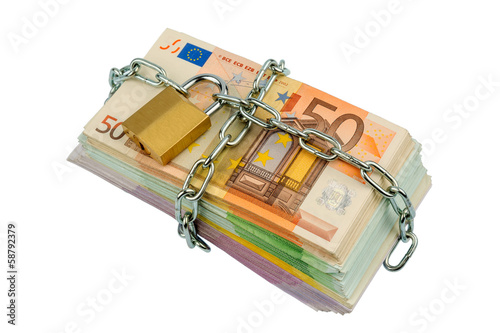 Photo: Euro-Geldscheine mit Kette und Vorhängeschloss Euro-Geldscheine mit Kette und Vorhängeschloss