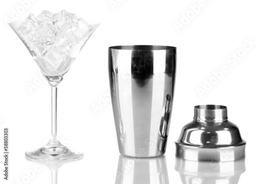 Photo: Cocktail shaker and cocktail glass isolated on white Cocktail shaker and cocktail glass isolated on white