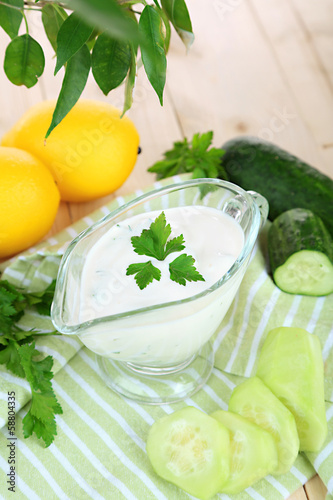 Photo: Cucumber yogurt in glass bowl, Cucumber yogurt in glass bowl,