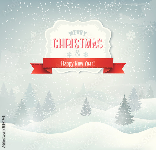 Vector: Retro holiday christmas background with winter landscape. Vector Retro holiday christmas background with winter landscape. Vector
