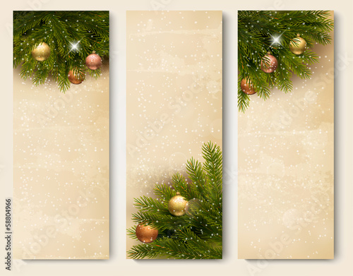 Vector: Three retro holiday banners with christmas tree branches. Vector Three retro holiday banners with christmas tree branches. Vector