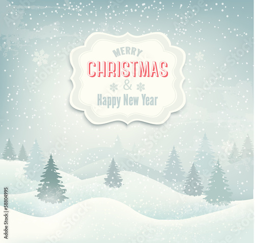 Vector: Retro holiday christmas background with winter landscape. Vector Retro holiday christmas background with winter landscape. Vector