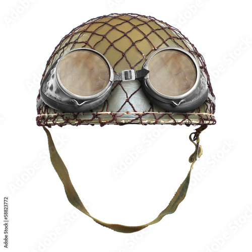 Photo: Retro helmet with goggles on a white background. Retro helmet with goggles on a white background.