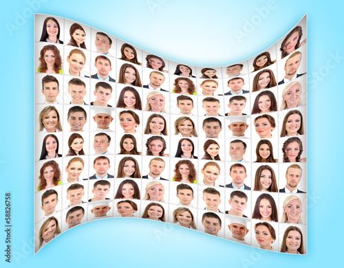 Photo: Collage of many different human faces on blue background Collage of many different human faces on blue background