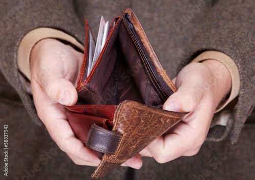 Photo: Businessman showing empty wallet. Finance and economy. Businessman showing empty wallet. Finance and economy.