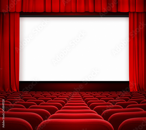 Illustration: cinema screen with open curtain and red seats cinema screen with open curtain and red seats