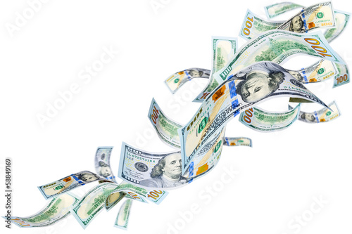 Photo: Flying new 100 dollar banknotes isolated on white Flying new 100 dollar banknotes isolated on white