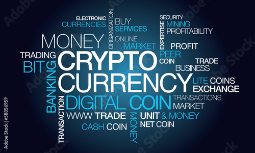 Illustration: Crypto currency illustration tag cloud digital money coin Crypto currency illustration tag cloud digital money coin