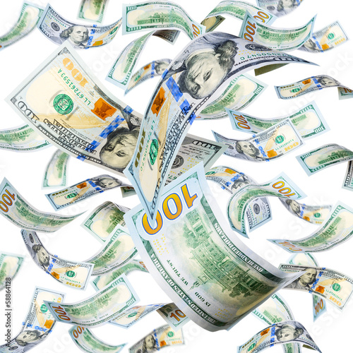 Photo: New 100 dollar banknotes falling and spinning isolated on white New 100 dollar banknotes falling and spinning isolated on white